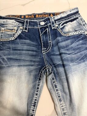 Rock Revival Faded Indigo Blue Embroidered Pocket Jeans